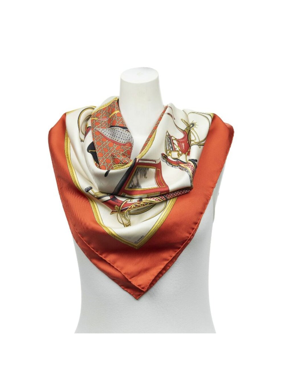 Hermes Scarf Red Ivory Black Twill Silk